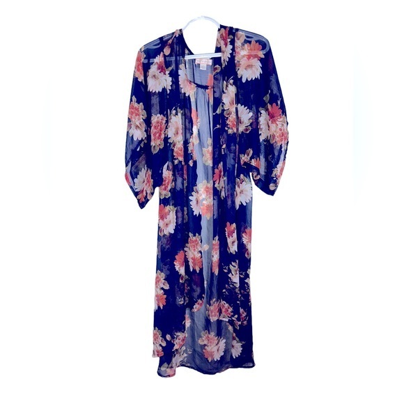 Band of Gypsies Tops - Band Of Gypsies Women's Navy Sheer‎ Pastel Floral Kimono Sleeve Duster Top Small